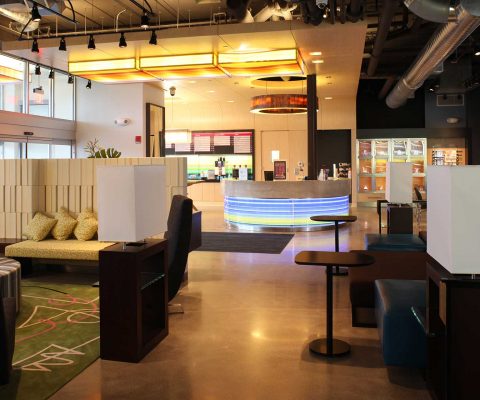 Fully-featured lobby at Aloft Hotel