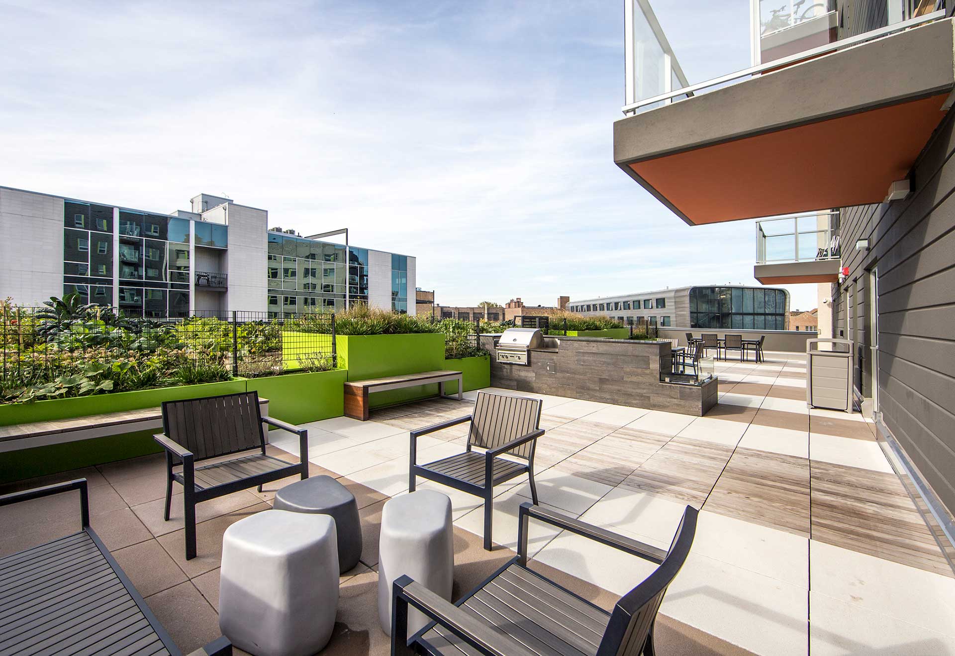 Roof deck seating area at Clybourn 1200