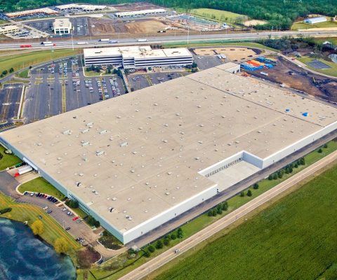 Aerial view of John B. Sanfilippo & Son corporate headquarters and processing/distribution facility