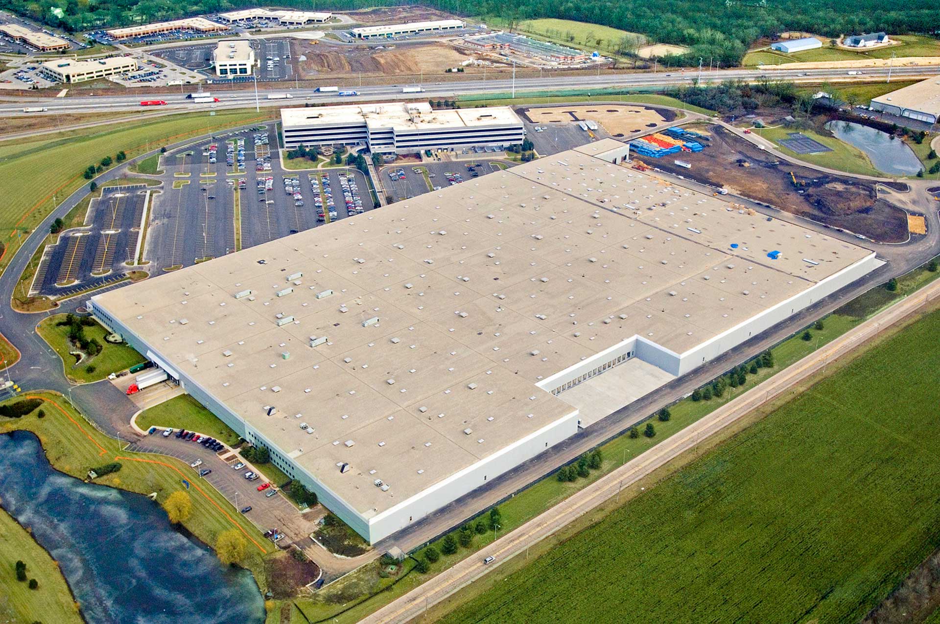 Aerial view of John B. Sanfilippo & Son corporate headquarters and processing/distribution facility