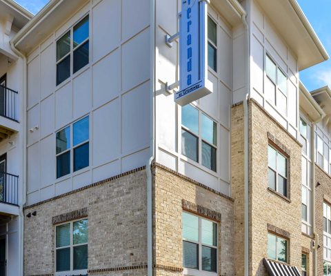 Brick and fiber cement panel exterior at The Veranda at Groveway