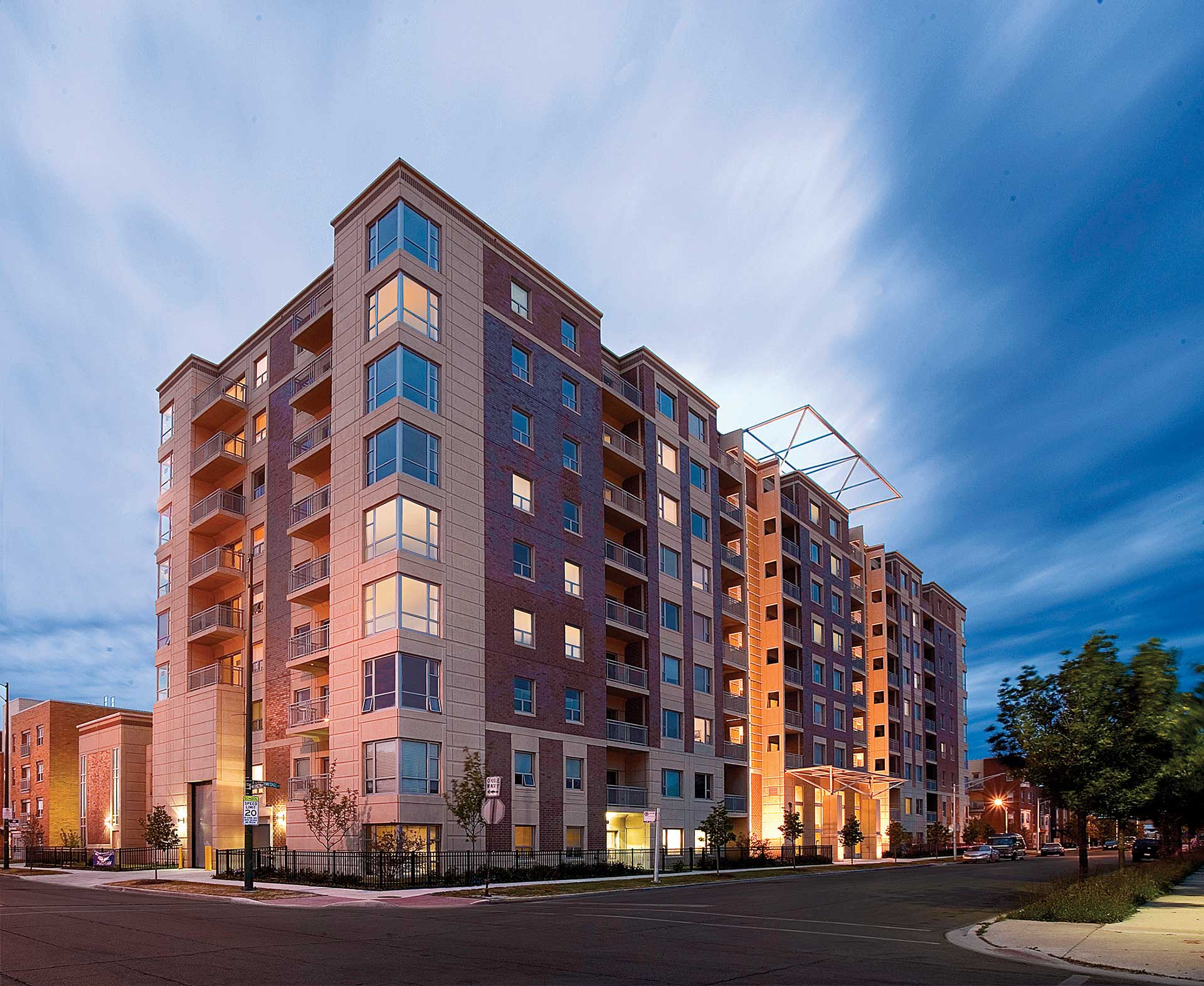Westhaven Park condominiums at night